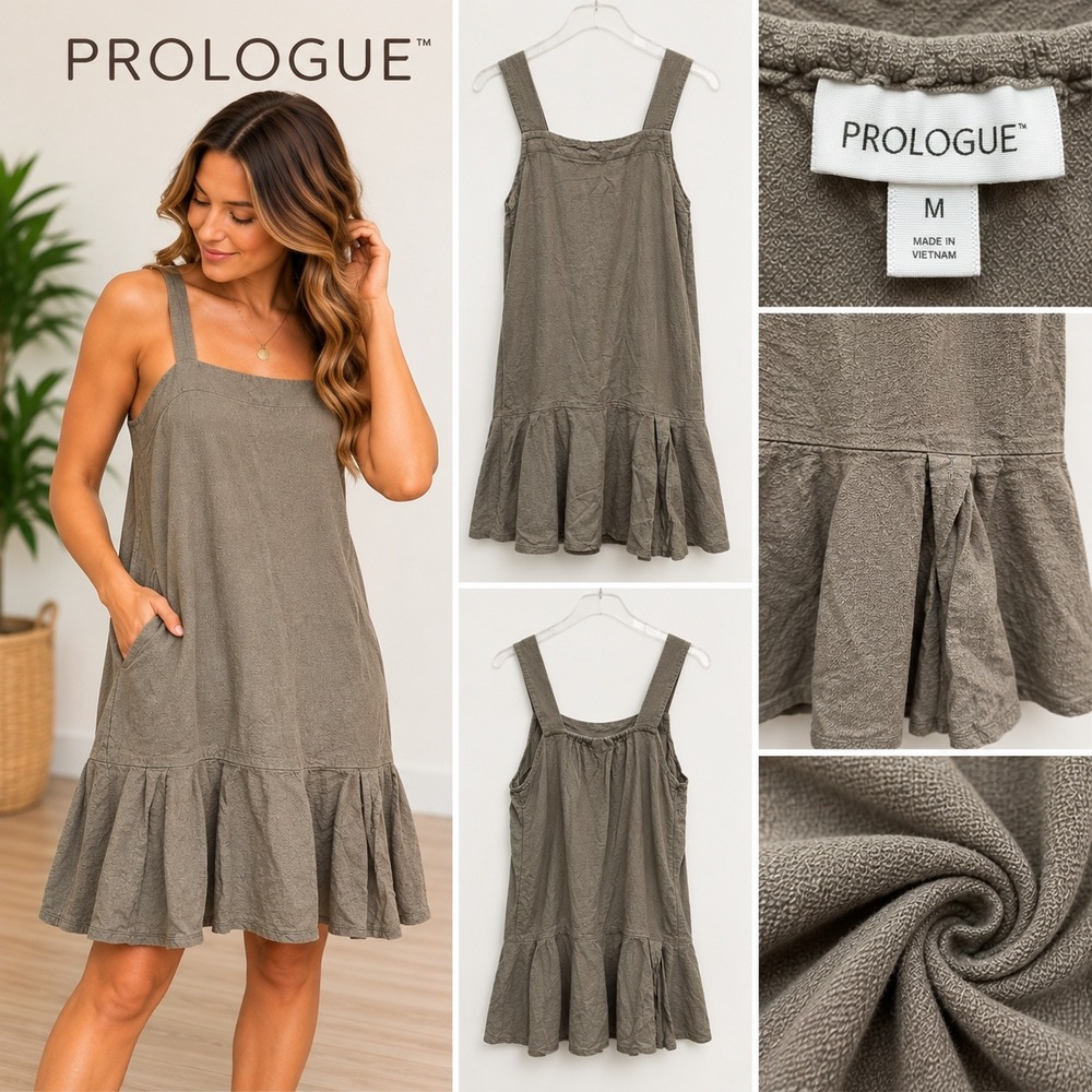 Prologue Womens Textured Drop Waist Ruffle Mini Dress Olive Taupe Size M Pocket